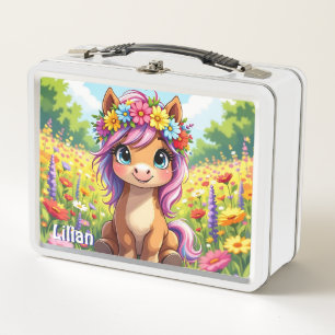 Hübsches Pony mit Personalisierten Blume Metall Brotdose