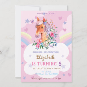 Hübsches Pony Regenbogen Sterne Herzen Geburtstag Einladung
