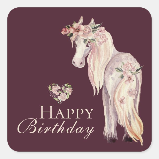 Hübsches Pony und Blume Pferd Happy Geburtstag Quadratischer Aufkleber (Vorderseite)