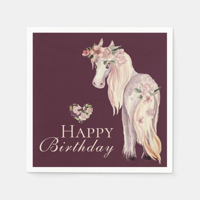 Hübsches Pony und Blume Pferd Happy Geburtstag Serviette (Vorderseite)