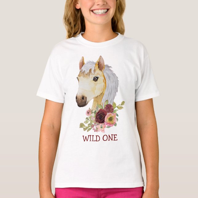 Hübsches Pony wildes mit Blumen T-Shirt (Vorderseite)