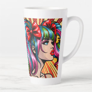 Hübsches Pop-Art-Comic-Mädchen mit Schleifen Milchtasse