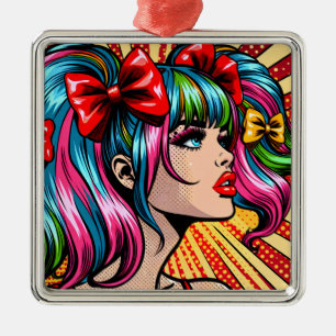 Hübsches Pop-Art-Comic-Mädchen mit Schleifen Ornament Aus Metall
