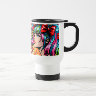Hübsches Pop-Art-Comic-Mädchen mit Schleifen Reisebecher
