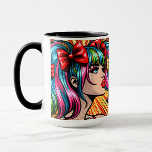 Hübsches Pop-Art-Comic-Mädchen mit Schleifen Tasse