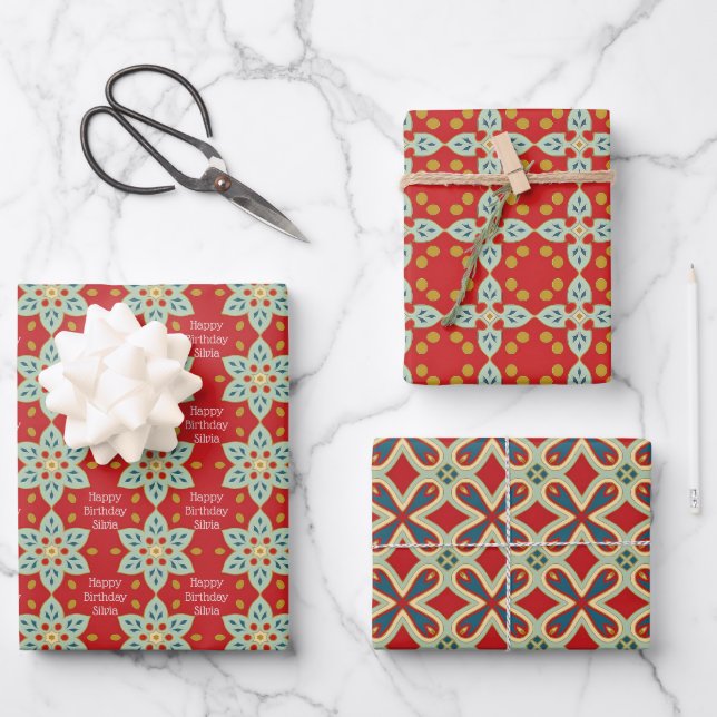 Hübsches Red Happy Birthday Add Name Pattern 3 Geschenkpapier Set (Vorderseite)