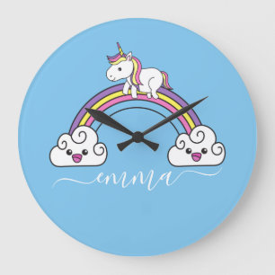 Hübsches Regenbogen-Einhorn personalisierter Name  Große Wanduhr