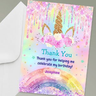 Hübsches Regenbogen-Einhorn rosa aqua Tropfen Gebu Dankeskarte