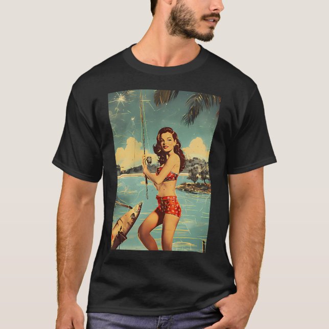 Hübsches Retro-Mädchen beim Fischen T-Shirt (Vorderseite)