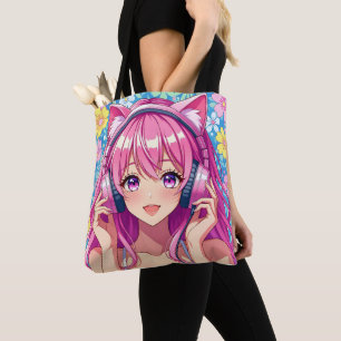 Hübsches rosa Anime-Mädchen mit Kopfhörern