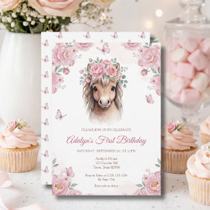 Hübsches rosa Blumen Pferd Geburtstag Einladung