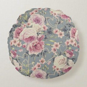 Hübsches rosa Blumen- und Perlenherzmuster Rundes Kissen