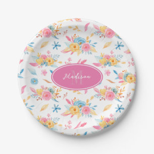 Hübsches rosa Blumenmuster mit Monogramm Pappteller
