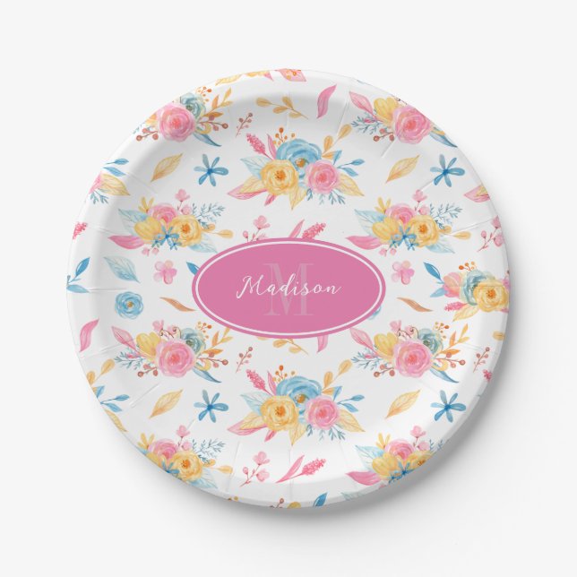 Hübsches rosa Blumenmuster mit Monogramm Pappteller (Vorderseite)