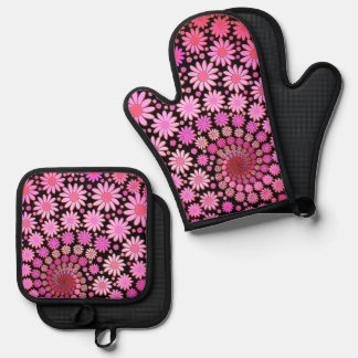 Hübsches rosa Blumenmuster Ofenhandschuh & Topflappen-Set