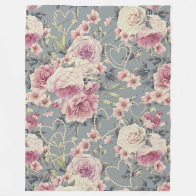 Hübsches rosa Blumenmuster und Perlenmuster Fleecedecke (Vorderseite)