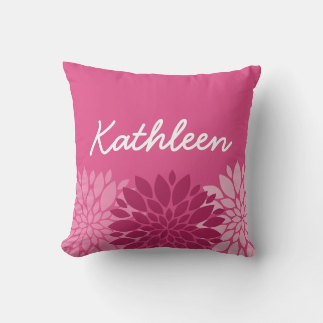 Hübsches rosa Blumentrio mit Namen Kissen (Vorderseite)