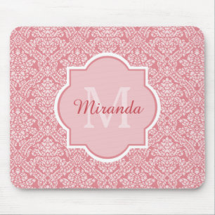 Hübsches rosa Damaskusmuster Monogramm mit Name Mousepad
