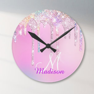 Hübsches rosa Einhorn Regenbogen Glitter Tropfen M Runde Wanduhr
