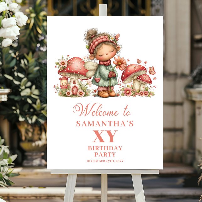Hübsches Rosa-Feengarten-Geburtstags-Willkommenssc Poster (Lovely Pink Fairy Floral Birthday Welcome Sign)