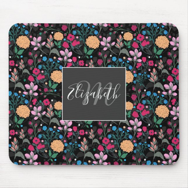 Hübsches rosa-gelbes schwarzes Blumenmuster Mousepad (Vorne)