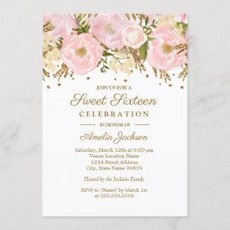 Hübsches Rosa Gold Flora 16 . Geburtstag Einladung