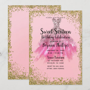 Hübsches rosa goldenes Glitter-Party-Kleid Sweet 1 Einladung