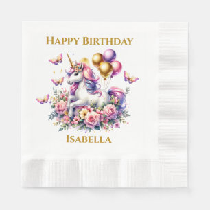 Hübsches Rosa, Lila und Gold Einhorn Geburtstag Serviette