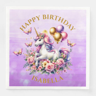 Hübsches Rosa, Lila und Gold Einhorn Geburtstag Serviette