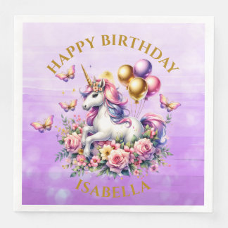 Hübsches Rosa, Lila und Gold Einhorn Geburtstag Serviette