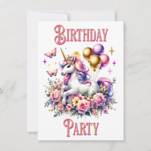 Hübsches rosa, lila und goldenes Einhorn Geburtsta Einladung