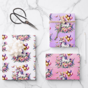 Hübsches rosa, lila und goldenes Einhorn Geburtsta Geschenkpapier Set