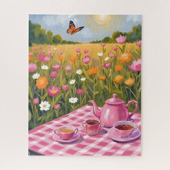 Hübsches rosa Picknick | Schmetterling im Blumenfe Puzzle (Vertikal)
