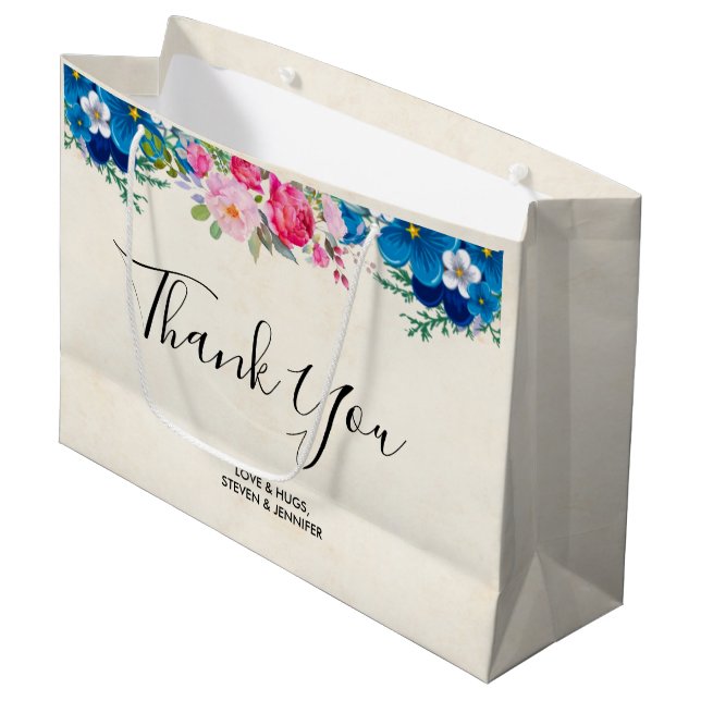 Hübsches Rosa und Blau Blume - Grenzen Vielen Dank Große Geschenktüte (Vorderseite Schrägansicht)