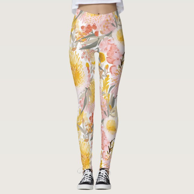 Hübsches rosa und gelbes Blumenmuster Leggings (Vorderseite)