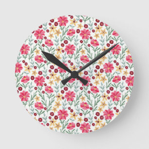 Hübsches rosa und gelbes vintage Blumenmuster Runde Wanduhr
