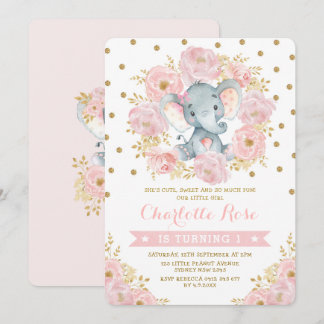 Hübsches Rosa und Gold Elefant 1. Geburtstag Dschu Einladung