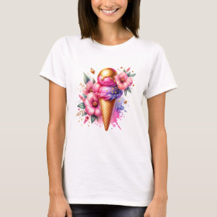 Hübsches Rosa und Gold Ice Creme Cone Blüten T-Shirt