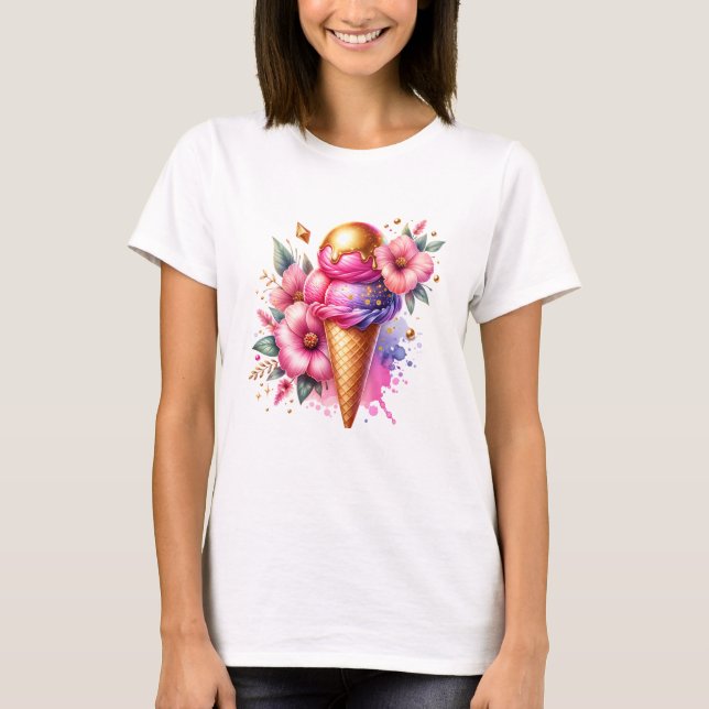 Hübsches Rosa und Gold Ice Creme Cone Blüten T-Shirt (Vorderseite)