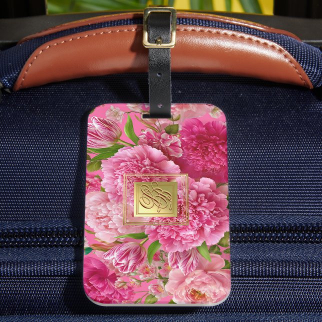Hübsches rosa und grünes Blumenmonogramm-Gepäckanh Gepäckanhänger (Vorderseite Insitu 2)