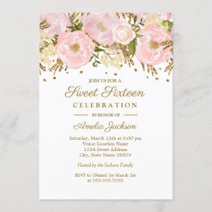 Hübsches Roségold Blumen Sweet Sixteen Einladung