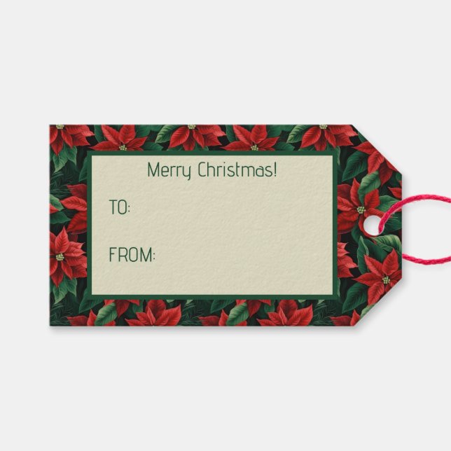 Hübsches Rot und Grün Poinsettias Digitale Kunst Geschenkanhänger (Vorderseite (Horizontal))