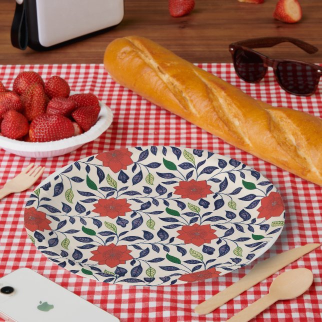 Hübsches rotes Blumenmuster Pappteller (Picknick)
