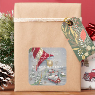 Hübsches Rotweihnachtsdorf Quadratischer Aufkleber