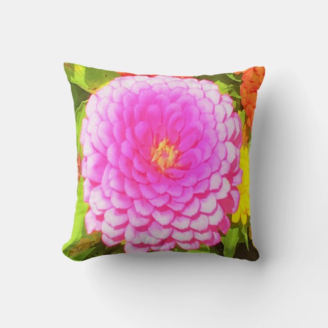 Hübsches Round Pink Zinnia im Sommergarten Kissen (Vorderseite)