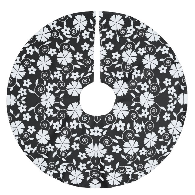 Hübsches Schwarz-Weiß-Blumenmuster Polyester Weihnachtsbaumdecke (Vorderseite)