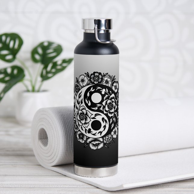 Hübsches Schwarz-Weiß-Blüten-Yin Yang Water Bottl Trinkflasche (Yoga)