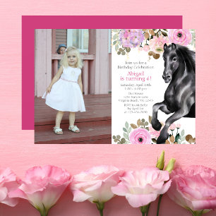 Hübsches Schwarzes Pferd und rosa Blume Foto Gebur Einladung