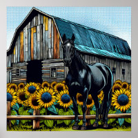 Hübsches Schwarzes Pferd und rustikaler Stall mit 