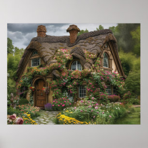 Hübsches Strohhaus mit Pflanze und Blume Poster
